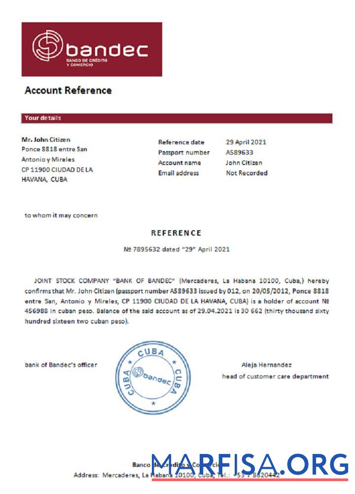 Blank Cuba Bandec reference download for verification